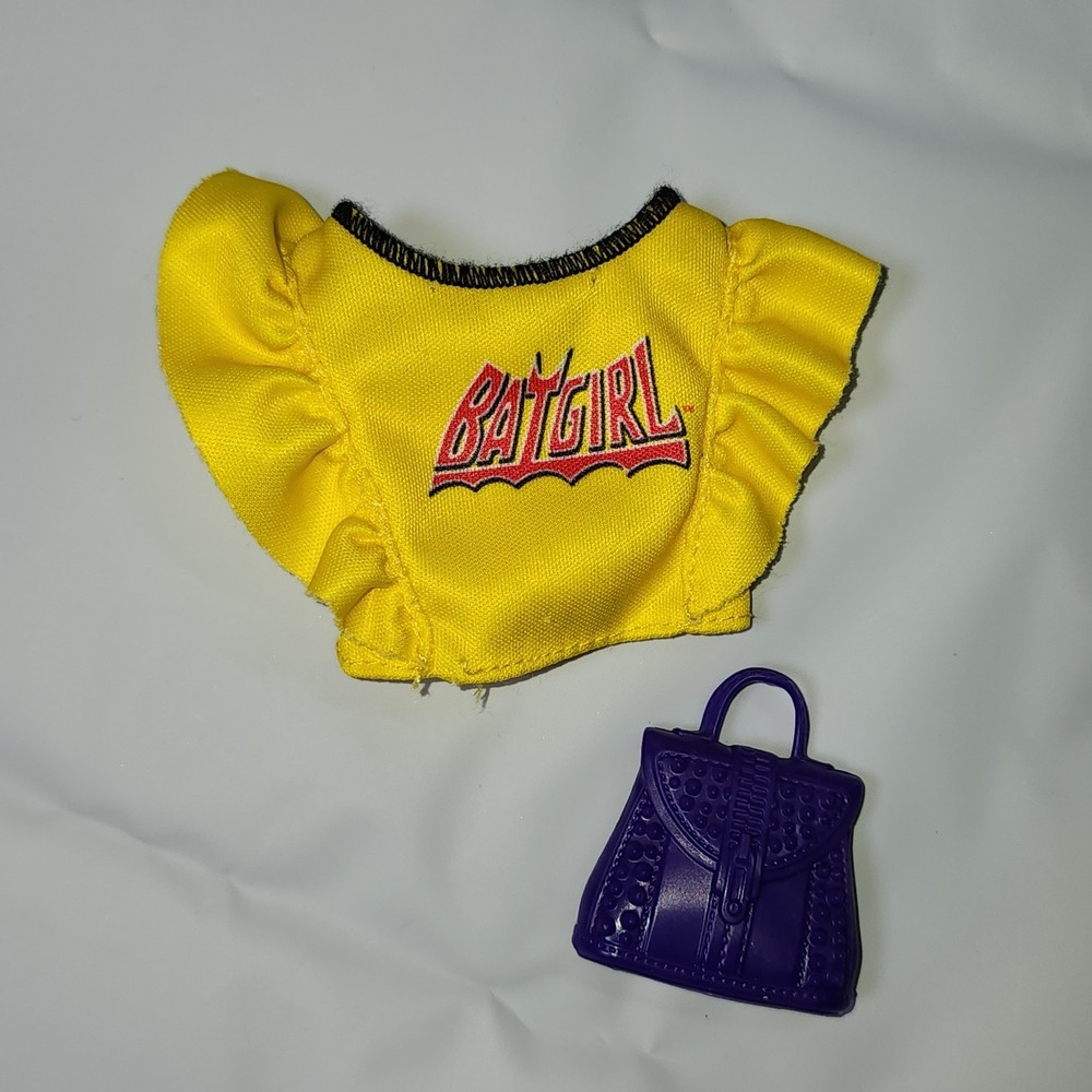 Barbie Fashion Clothes DC Comics Batgirl Yellow Ruffle Top and Purple Purse Lot